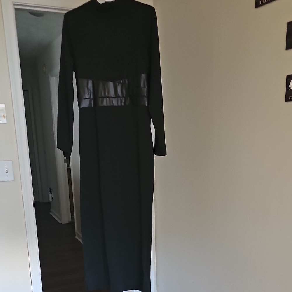 SHEIN Black Long Sleeve Dress with Faux Leather Waist Detail
